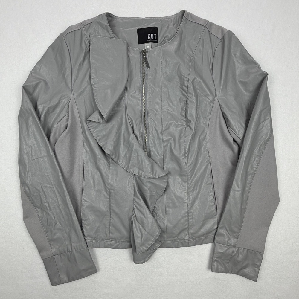 Kut from the Kloth Grey Faux Leather Ruffle Zip Front Jacket Mens M